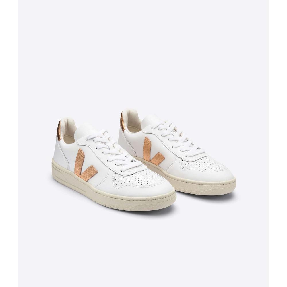 Veja V-10 LEATHER Women's Sneakers White/Gold | NZ 641CTV